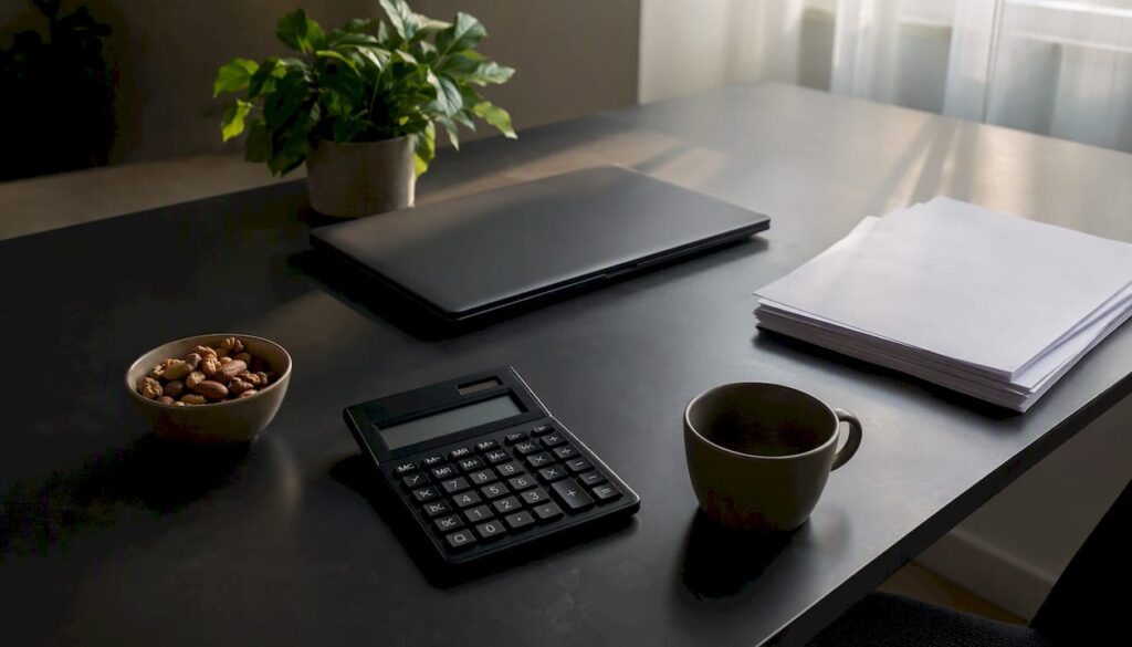 Escritorio con una calculadora, un portátil y una carpeta encima