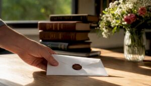 Una mano deja sobre el escritorio un sobre con el sello del notario.