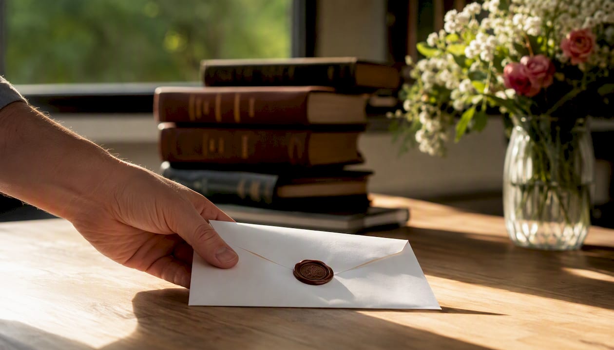Una mano deja sobre el escritorio un sobre con el sello del notario.