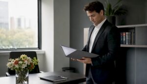 Empresario analizando documentos legales en su oficina