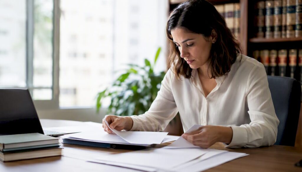Manos ordenando expedientes legales sobre una mesa