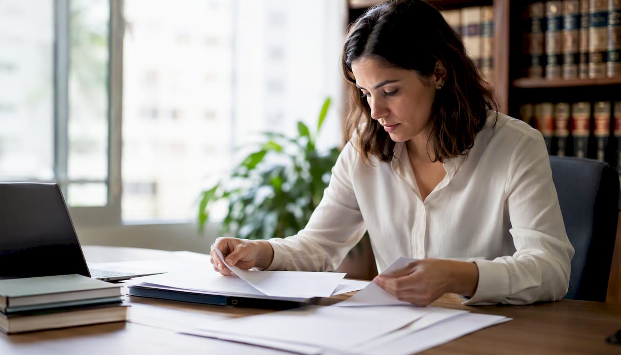 Manos ordenando expedientes legales sobre una mesa