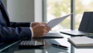 El administrador concursal revisa cuidadosamente la documentación legal necesaria para el proceso.