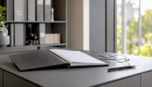 Sobre la mesa, se encuentra el contrato de préstamo junto a un bolígrafo y unas gafas.