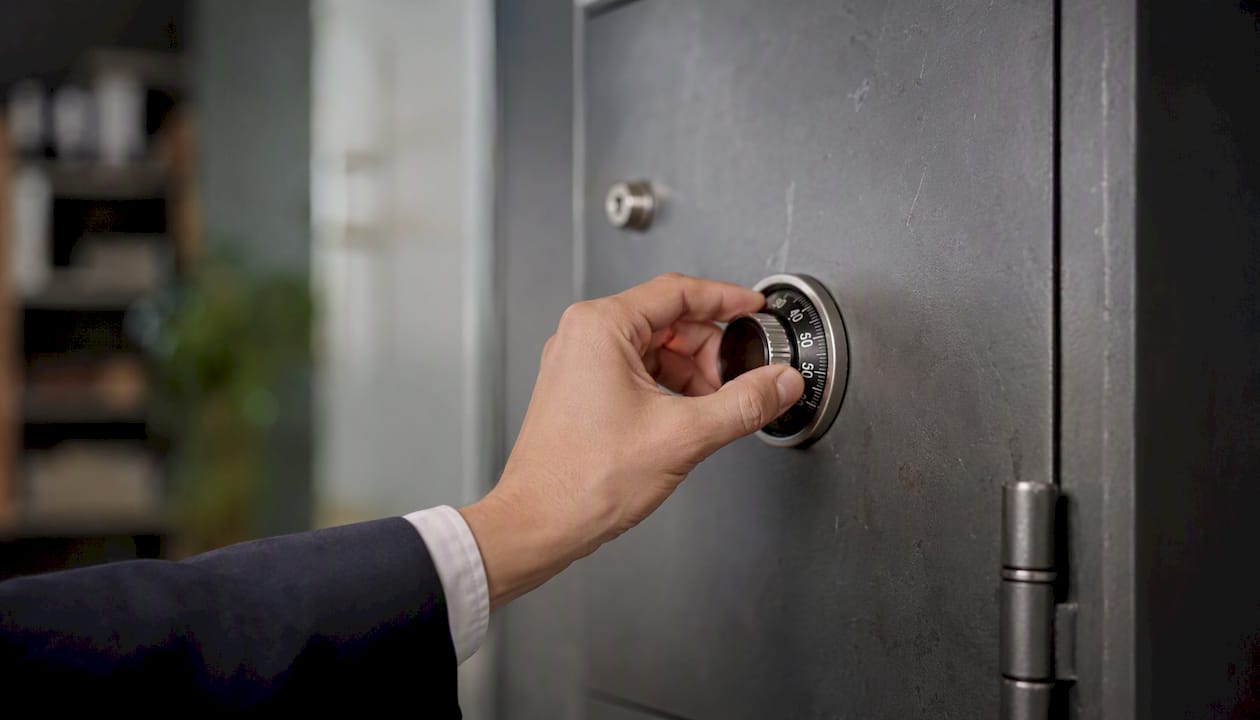 Una mano girando el dial de una caja de seguridad bancaria