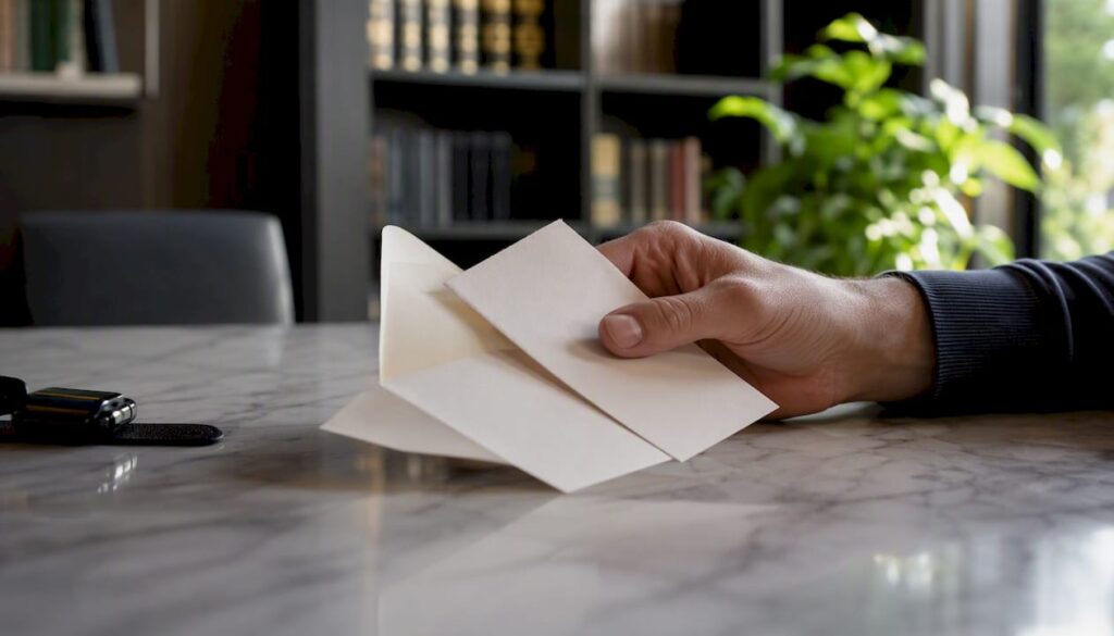 Una mano sostiene una carta y un sobre cerrado sobre la mesa.