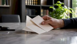 Una mano sostiene una carta y un sobre cerrado sobre la mesa.