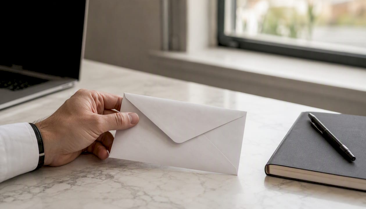 Una mano sostiene un sobre cerrado sobre el escritorio.