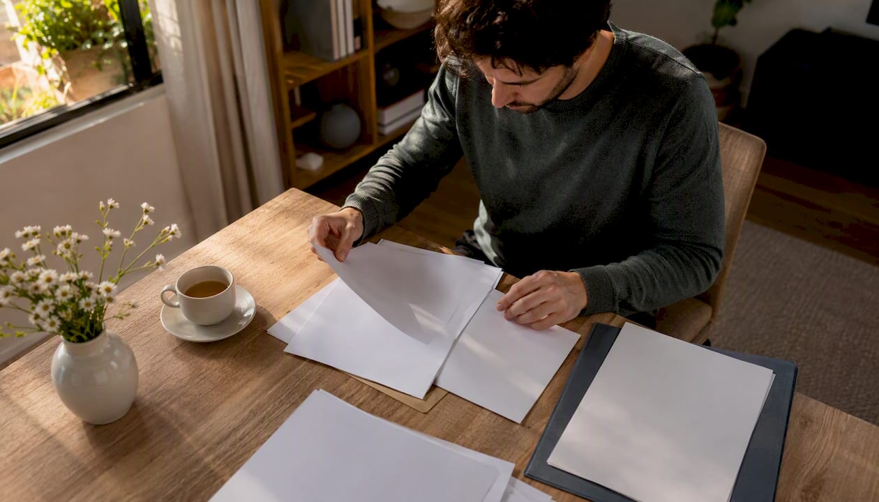 Manos revisando y ordenando papeles de cuentas sobre la mesa