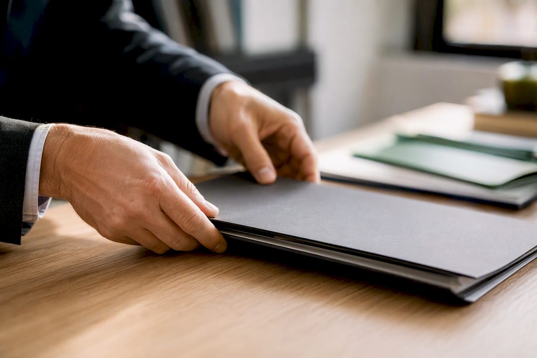 Manos organizando carpetas con documentos legales sobre la mesa