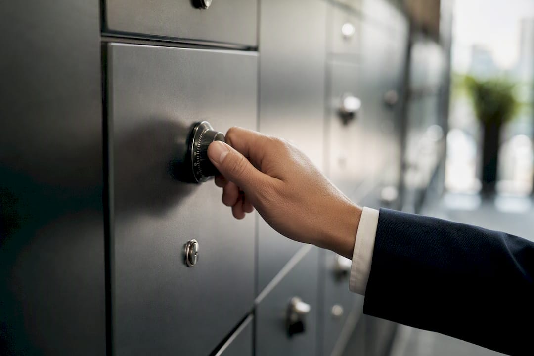 Mano girando la rueda de una caja de seguridad