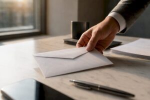 Mano colocando un sobre legal sobre el escritorio
