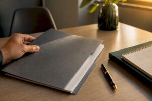 Manos organizando documentos en blanco de seguro legal