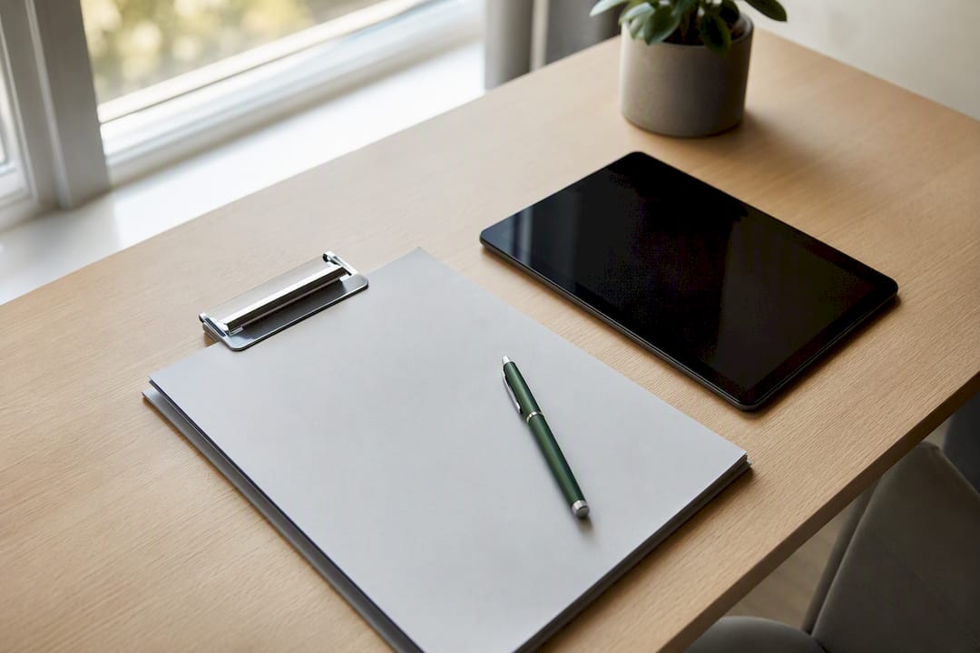 Lista de verificación y dispositivo digital sobre la mesa