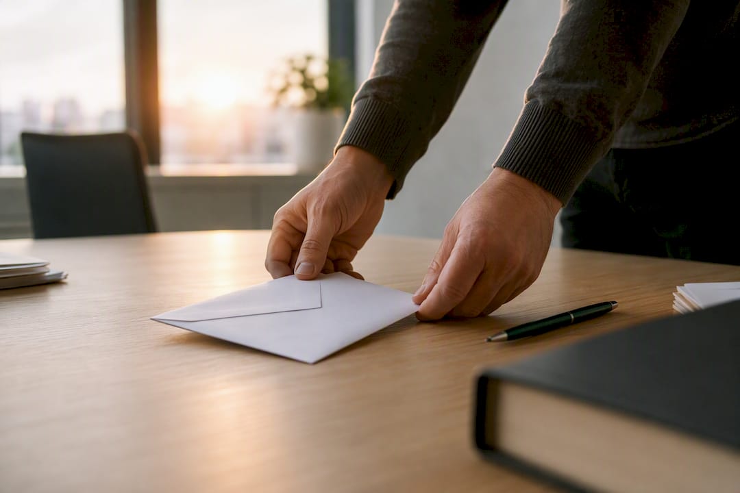 Manos dejando un sobre de queja sobre el escritorio