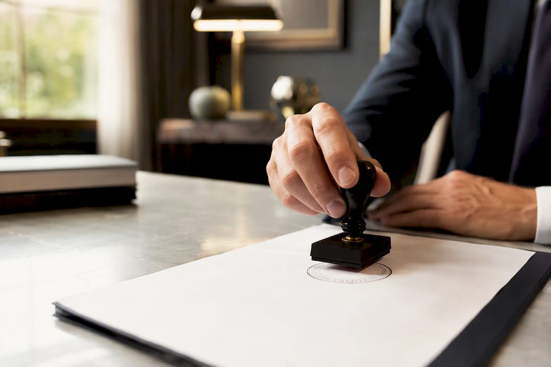 Notario sellando documentos legales