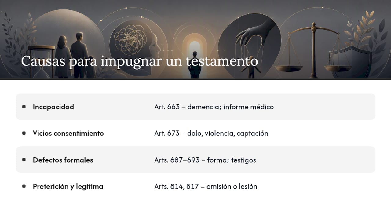 Diagrama de las causas legales para impugnar un testamento en España