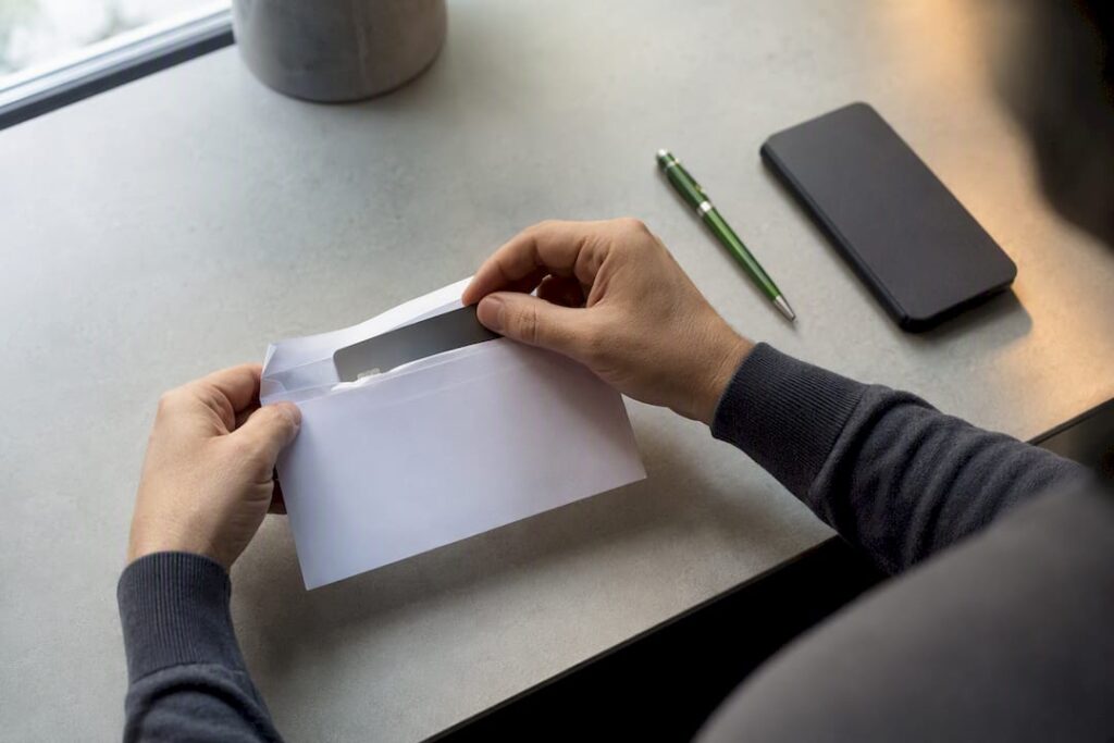 Persona revisando una tarjeta bancaria que no había pedido