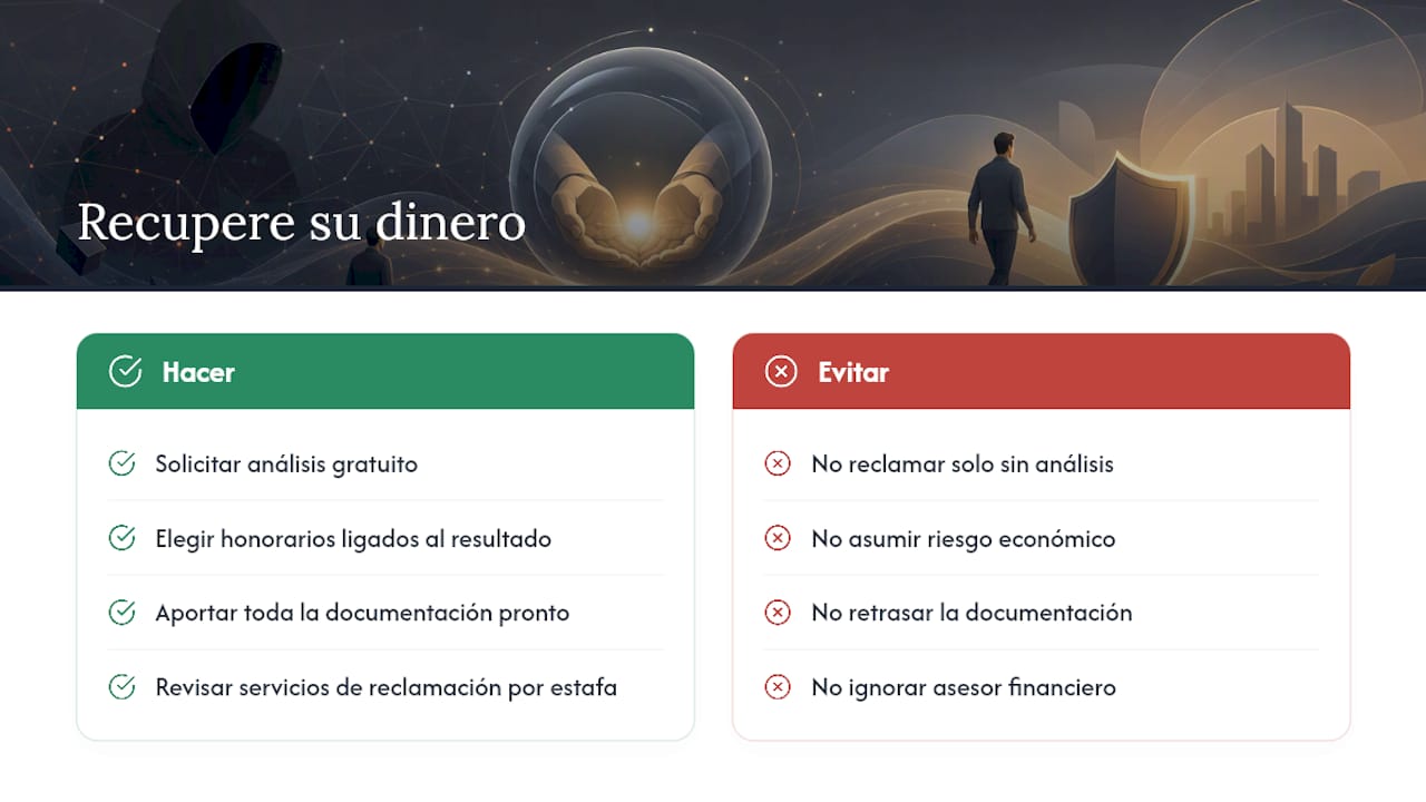 Recupere su dinero con ayuda especializada en estafas financieras — overview diagram