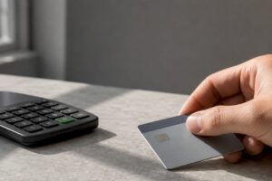 Tarjeta sin nombre junto a una calculadora