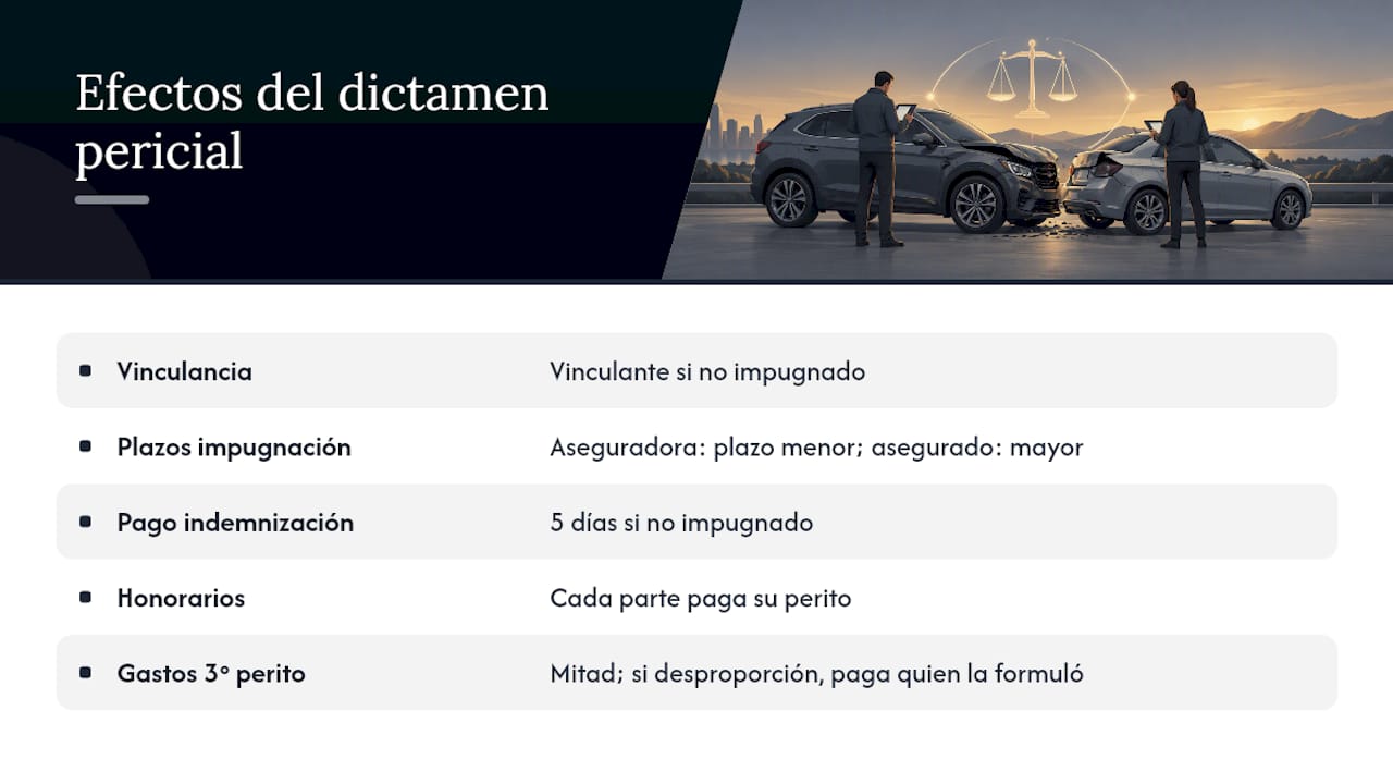 Efectos del dictamen pericial: vinculancia, impugnación y costes — overview diagram