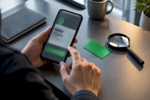 Persona comprobando una transferencia de criptomonedas