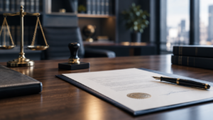 Cinematic Legal Desk with Scales of Justice