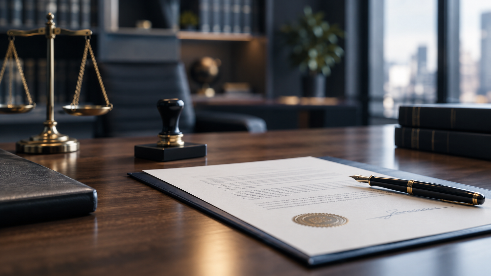 Cinematic Legal Desk with Scales of Justice