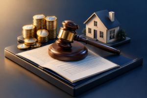 Gavel, coins, and property model